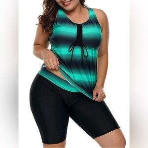 Chama Plus Size Striped Tankini Swimsuit with Boyshort